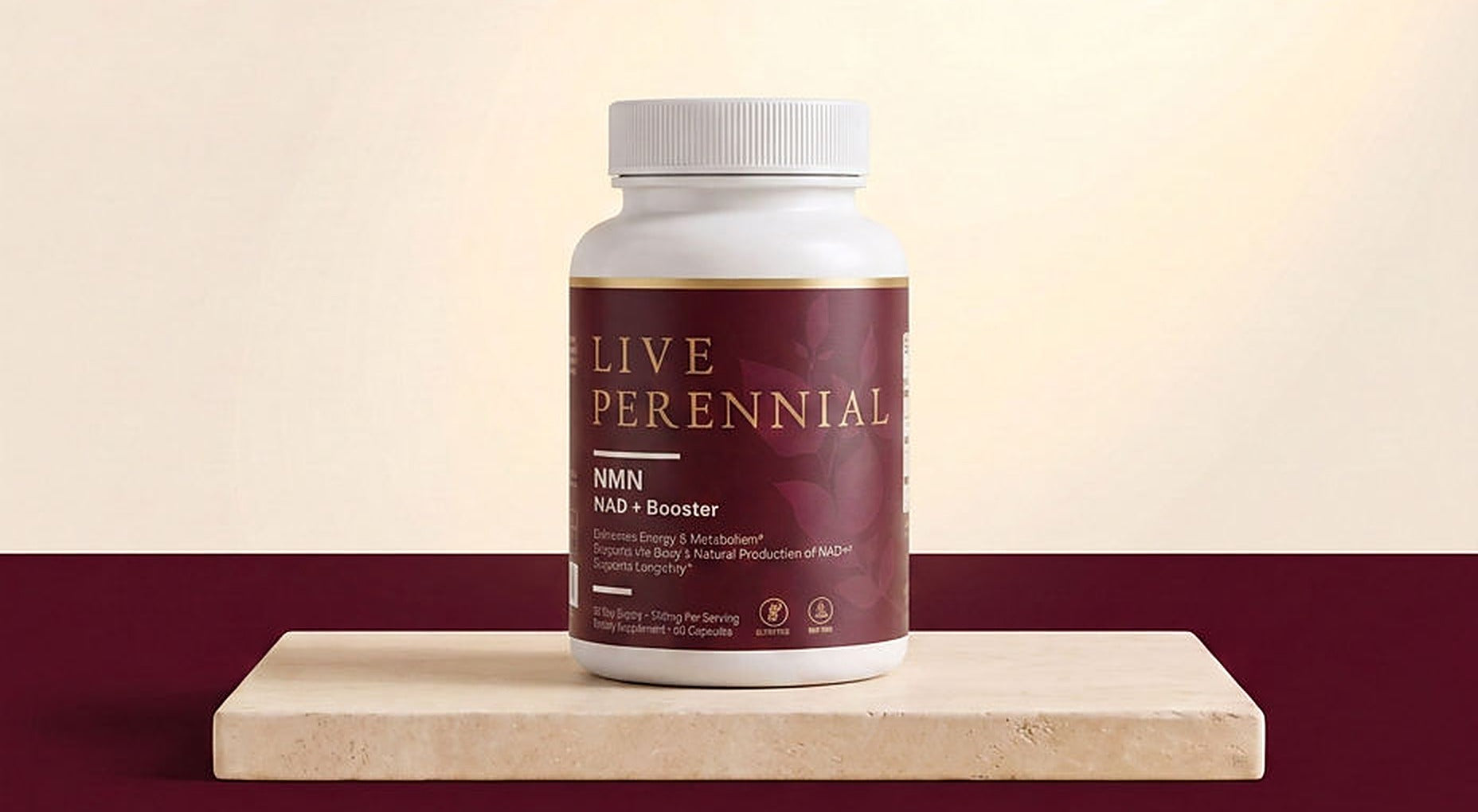 A bottle of Perennial NMN on a travertine plinth
