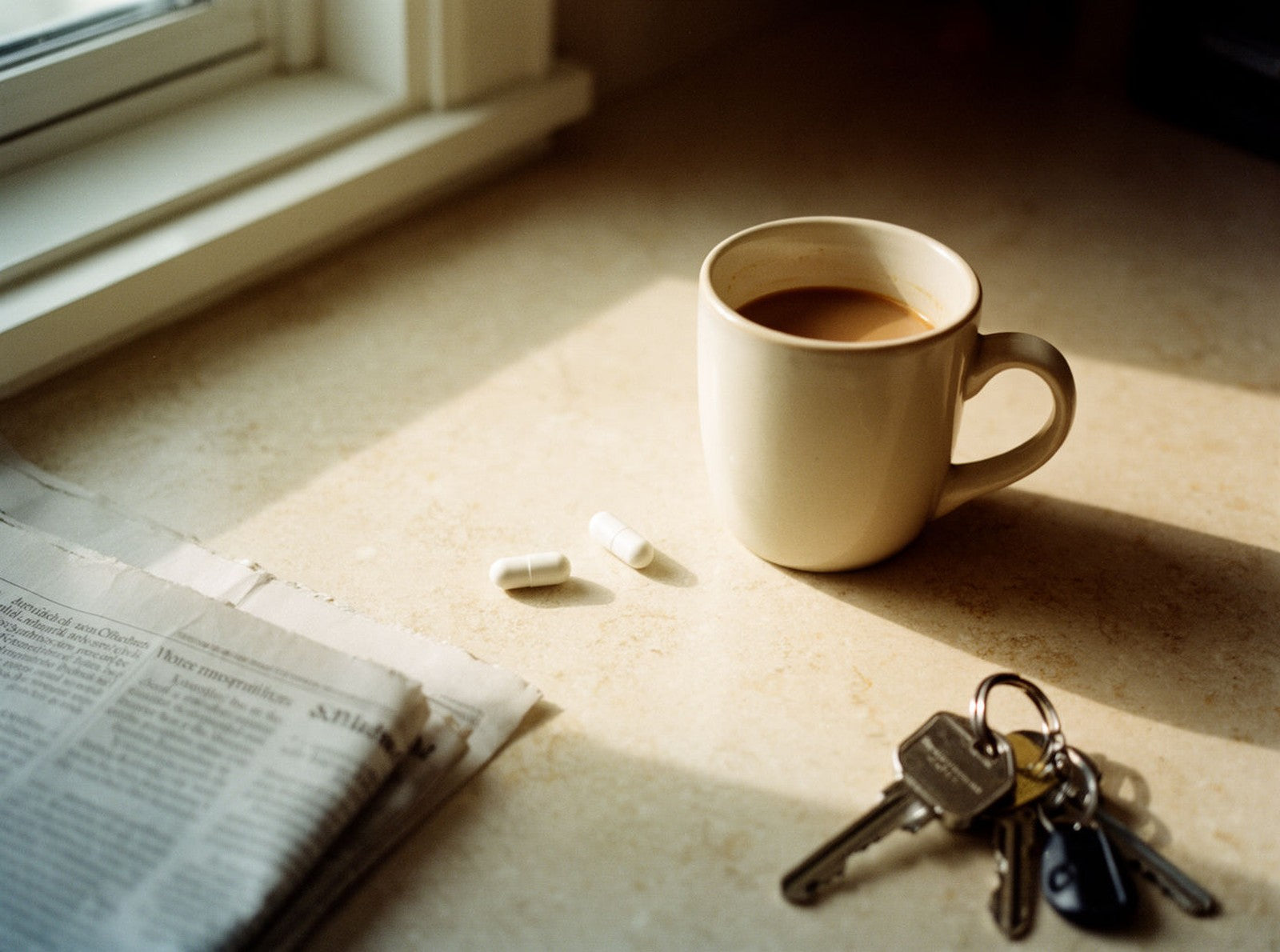 Two capsules on a kitchen counter beside a cup of coffee in early morning light