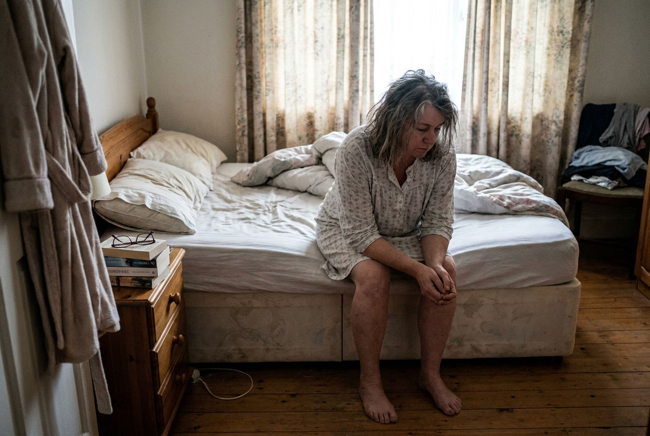 A woman in her fifties sitting on the edge of a slept-in bed in the morning, not yet moving