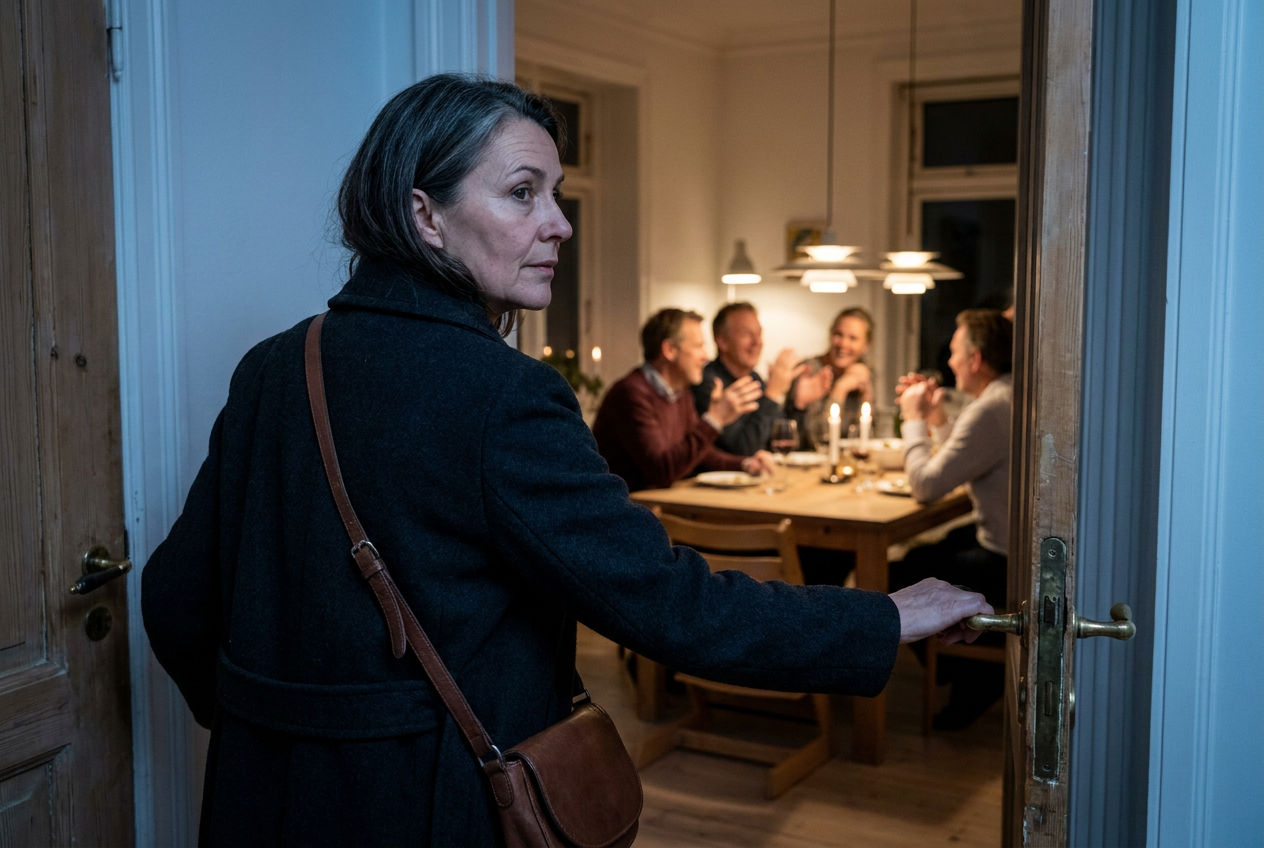 A woman in a coat leaving a dinner party early while the table behind her continues without noticing