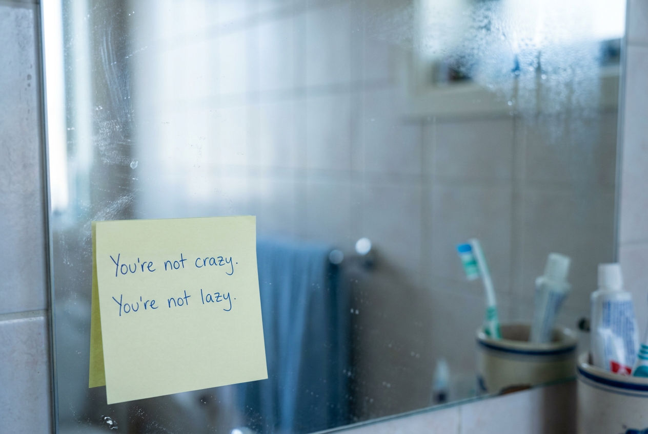 A yellow sticky note on a bathroom mirror reading: You're not crazy. You're not lazy.
